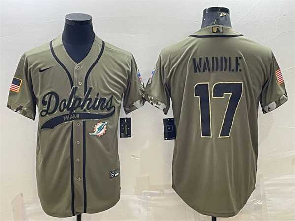 Mens Miami Dolphins #17 Jaylen Waddle Olive 2022 Salute To Service Cool Base Stitched Baseball Jersey